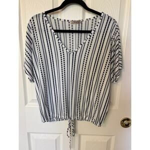 Lavish Woman's Medium Striped V-Neck Blouse with Drawstring Hem